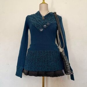 Vintage Elegant Teal Cowl Neck Sweater with Button Details
